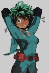  1girl ;) arms_behind_head arms_up belt_pouch black_footwear bodysuit boku_no_hero_academia boots borrowed_design breasts dark_skin dark_skinned_female elbow_pads english_commentary freckles genderswap genderswap_(mtf) green_bodysuit green_eyes green_hair highres knuxy looking_at_viewer messy_hair midoriya_izuku one_eye_closed pouch short_hair small_breasts smile solo standing thigh_boots thighhighs 