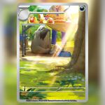  1boy apple arven_(pokemon) baguette basket blue_pants boots bowl bread card_(medium) chair closed_mouth commentary company_name copyright_name copyright_notice dog english_commentary eyes_out_of_frame flower food fruit grapes grass head_out_of_frame ketchup_bottle long_hair long_sleeves mabosstiff mustard_bottle necktie official_art okacheke open_clothes open_mouth open_vest outdoors pants pear pet_bowl pokemon pokemon_(creature) pokemon_card pokemon_focus pokemon_sv pokemon_tcg purple_necktie sandwich school_uniform shirt shoelaces smile sparkle standing sunlight table tablecloth textless_version third-party_source trading_card tree uva_academy_school_uniform vest white_shirt yellow_vest 