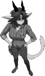 2026 anthro biped bottomwear breasts chabett claws clothed clothed_anthro clothed_female clothing collar digital_drawing_(artwork) digital_media_(artwork) dragon female fingers fully_clothed fully_clothed_anthro fully_clothed_female fur hair hi_res horn monochrome mythological_creature mythological_scalie mythology pgm300 scalie simple_background solo tail topwear