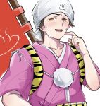  1boy animal_print brown_hair commentary_request highres japanese_clothes kimono krrrk_sk kusatsu_(rune_factory) male_focus pink_kimono rune_factory rune_factory:_guardians_of_azuma tiger_print upper_body 