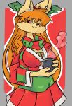  2026 absurd_res accessory anthro artist_name asian_clothing bow_ribbon breasts canid canine ceroba_ketsukane christmas christmas_clothing clothed clothing container cup digital_drawing_(artwork) digital_media_(artwork) ear_tuft east_asian_clothing facial_tuft fangs female fishnet_clothing fishnet_topwear fox fur green_clothing grey_background hair hair_accessory hair_down hair_on_shoulders hi_res holding_container holding_cup holding_object holidays hot_beverage japanese_clothing kimono long_hair looking_at_viewer mammal mistletoe orange_body orange_fur orange_hair outline pawpads plant red_background red_clothing red_eyes sash scarf simple_background smug snoutless solo standing steam teeth text topwear tuft undertale undertale_(series) undertale_yellow white_clothing 