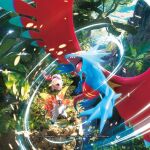  3d blue_sky cloud commentary company_name copyright_name copyright_notice day dragon english_commentary fangs fern flying grass leaf n-design_inc. no_humans official_art open_mouth outdoors plant pokemon pokemon_(creature) pokemon_focus pokemon_tcg roaring_moon scream_tail sharp_teeth sky slither_wing teeth third-party_source tree vines yellow_eyes 