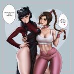  2girls avatar_(series) black_hair border braid breasts brown_eyes brown_hair choker cleavage dandon_fuga double_bun english_text grey_background heart large_breasts lips long_hair mai_(avatar) midriff multiple_girls navel parted_lips pout red_border thick_thighs thighs toned ty_lee yuri 
