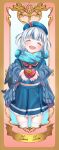  1girl :d ^_^ absurdres animal_bag backpack bag bangs beret blue_hair blue_headwear blue_jacket blue_sailor_collar blue_scarf blue_serafuku blue_shirt blue_skirt blush box character_name closed_eyes commentary eyebrows_visible_through_hair facing_viewer gawr_gura gift gift_box hair_ornament hat head_tilt heart-shaped_box highres holding holding_gift hololive hololive_english jacket long_sleeves multicolored_hair off_shoulder open_clothes open_jacket open_mouth pleated_skirt red_neckwear sailor_collar sasatabekung scarf school_uniform serafuku sharp_teeth shirt skirt smile solo streaked_hair teeth thighhighs two_side_up virtual_youtuber white_legwear 