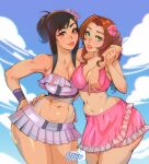  2girls aerith_gainsborough aerith_gainsborough_(pink_mermaid) arm_around_shoulder artist_name bikini bikini_skirt black_hair blue_sky braid braided_ponytail breasts brown_hair commentary cowboy_shot english_commentary final_fantasy final_fantasy_vii final_fantasy_vii_rebirth final_fantasy_vii_remake flower green_eyes hair_flower hair_ornament hand_on_another's_hip highres large_breasts multiple_girls navel official_alternate_costume ponytail red_eyes signature sky swimsuit tifa_lockhart tifa_lockhart_(shining_spirit) vero 