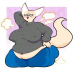  aggressive_retsuko anthro belly big_breasts blush bodily_fluids breasts canid canine clothed clothing female fennec fenneko fox hi_res mammal navel nipple_outline open_mouth overweight overweight_anthro overweight_female sanrio simple_background smokii solo sweat sweatdrop sweater topwear 