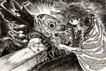  1girl arm_cannon black_sun bow cape closed_mouth commentary_request greyscale hair_bow highres looking_at_viewer monochrome reiuji_utsuho shirt short_sleeves skirt solo sun tanishi_(agaribito_snail) third_eye third_eye_on_chest touhou weapon wings 