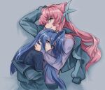  2girls blue_eyes blue_hair blue_shirt blush breast_press closed_mouth crying crying_with_eyes_open floating_hair green_eyes grey_background grey_jacket highres jacket kazanari_tsubasa long_hair long_sleeves maria_cadenzavna_eve multiple_girls open_clothes open_jacket parted_lips pink_hair purple_shirt senki_zesshou_symphogear shirt side_ponytail tears topturtling upper_body very_long_hair yuri 