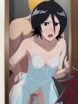  1girl 2boys abarai_renji bleach blush breasts bridal_lingerie cheating_(relationship) commentary_request cum cum_in_pussy cum_overflow fertilization highres impregnation kuchiki_rukia kurosaki_ichigo lace lingerie multiple_boys navel netorare ovum petite pubic_hair pussy_juice salmon_knight sex sex_from_behind short_hair underwear underwear_only voyeurism 