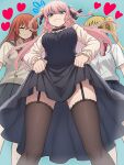  3girls @_@ ahoge alternate_costume alternate_hairstyle ass_visible_through_thighs black_dress black_ribbon black_thighhighs blonde_hair blue_background blue_eyes blush bocchi_the_rock! bow bowtie breasts closed_eyes closed_mouth clothes_lift commentary_request cube_hair_ornament dress dress_lift flying_sweatdrops from_below frown garter_straps gotoh_hitori grey_sailor_collar grey_shirt grey_skirt hair_ornament hair_ribbon heart highres ijichi_nijika kita_ikuyo long_hair long_sleeves looking_at_viewer looking_down medium_breasts multiple_girls pink_hair pleated_skirt red_bow red_bowtie red_hair ribbon ryuhirohumi sailor_collar school_uniform shaded_face shimokitazawa_high_school_uniform shirt short_sleeves shuka_high_school_uniform simple_background skirt smile thighhighs two_side_up white_shirt 