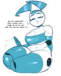  4:5 absurd_res big_breasts blush breasts cleavage clothed clothing dialogue english_text female hi_res jenny_wakeman machine my_life_as_a_teenage_robot nickelodeon not_furry robot simple_background smile solo text thick_thighs white_background zetaskully 