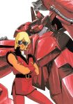  1980s_(style) 1boy absurdres aeug bare_shoulders belt blonde_hair cable char_aznable crossed_arms gloves gundam highres key_visual kitazume_hiroyuki male_focus mecha military military_uniform mobile_suit mullet official_art promotional_art quattro_bajeena retro_artstyle rick_dias robot scan science_fiction smirk sunglasses vest zeta_gundam 