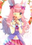  1girl ;3 animal_ear_fluff animal_ears bangs bare_shoulders blush bow box brown_eyes bunny_ears closed_mouth commentary_request dress eyebrows_visible_through_hair flower food fruit gift gift_box hair_bow hands_up holding holding_gift indie_virtual_youtuber kouu_hiyoyo long_hair looking_at_viewer magical_momoka navel one_eye_closed pink_hair plaid pleated_skirt polka_dot polka_dot_bow polka_dot_skirt purple_dress red_bow red_skirt sailor_collar skirt sleeveless sleeveless_dress solo strawberry strawberry_blossoms striped striped_background vertical_stripes very_long_hair virtual_youtuber white_background white_flower white_sailor_collar wrist_cuffs 