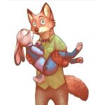  1:1 2016 anthro bottomwear canid canine clothed clothing disney duo ears_down eyes_closed fox fully_clothed fur judy_hopps kissing_cheek lagomorph leporid mammal necktie necktie_grab nick_wilde pants pivoted_ears rabbit red_fox shirt simple_background topwear unknown_artist white_background zootopia 