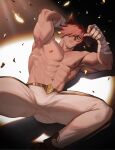  1boy abs amo9612 animal_ears bandages bara bare_pecs confetti denim facial_hair highres jeans league_of_legends looking_at_viewer male_focus muscular navel nipples pants pectorals red_hair sett_(league_of_legends) shirtless short_hair solo stomach stubble 