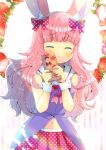  1girl :3 animal_ear_fluff animal_ears bangs bare_shoulders blush bow box bunny_ears closed_eyes closed_mouth dress eyebrows_visible_through_hair facing_viewer flower food fruit gift gift_box hair_bow hands_up holding holding_gift indie_virtual_youtuber kouu_hiyoyo long_hair magical_momoka navel pink_hair plaid pleated_skirt polka_dot polka_dot_bow polka_dot_skirt purple_dress red_bow red_skirt sailor_collar skirt sleeveless sleeveless_dress solo strawberry strawberry_blossoms striped striped_background vertical_stripes very_long_hair virtual_youtuber white_background white_flower white_sailor_collar wrist_cuffs 