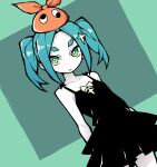  1girl akableak black_dress blue_hair dress green_eyes highres looking_at_viewer medium_hair monogatari_(series) ononoki_yotsugi parted_lips solo thick_eyebrows twintails 