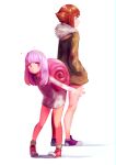  2girls absurdres antennae bangs blunt_bangs brown_hair darandy eyebrows_visible_through_hair hand_in_pocket highres leaning_forward long_hair long_sleeves multiple_girls pink_eyes pink_hair profile purple_footwear red_footwear shadow shoes short_hair simple_background snail_shell snailchan snails_house white_background 