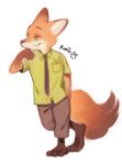  2016 anthro bamto barefoot bottomwear canid canine clothed clothing disney fox fully_clothed fur male mammal necktie nick_wilde orange_body orange_fur pants red_fox shirt signature simple_background smile solo standing topwear white_background zootopia 