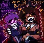 4_hands arm_around_shoulders armband aroused artist_name bared_teeth beanie bedroom_eyes big_breasts black_hair blood blood_from_mouth blood_in_mouth blue_tongue bodily_fluids body_horror bow_ribbon breast_envy breast_size_difference breast_squish breasts brown_body brown_hair brown_skin clothed clothing corpse corruption corset cyn_(murder_drones) dark_body dark_skin dialogue diddlydooter1 digital_drawing_(artwork) digital_media_(artwork) dress duo earless eldritch_abomination embarrassed emphasis_lines evil_face evil_grin eyebrows fangs female female/female flirting flustered flying_sweatdrops food freckled_breasts freckled_face freckled_shoulders freckles fruit giggle giggling glitch_productions glowing glowing_eyes grey_body grey_tongue hair hat headgear headwear hi_res hoodie hug huge_breasts hugging_another human humanoid jacket lingerie long_hair looking_at_breasts machine mammal melon metal metallic_body multi_hand murder_drones narrowed_eyes nervous nervous_smile nightmare_fuel noseless open_clothing open_mouth open_shirt open_smile open_topwear partially_clothed patchwork_creature plant purple_eyes purple_hair purple_text robot robot_humanoid scar screen screen_face seductive segmented_body shirt short_hair signature simple_background skinsuit smile squish stitch_(sewing) sweat sweatdrop teeth tessa_(murder_drones) text thought_bubble tight_clothing tongue tongue_out topwear undead unusual_anatomy uzi_(murder_drones) villainess villainous watermelon white_body white_hands worker_drone x_eyes yellow_armband yellow_eyes yellow_text