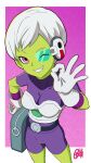  1girl bodysuit breasts cheelai cleavage colored_skin dragon_ball dragon_ball_super dragon_ball_super_broly gentle_sasaki gloves green_skin grin highres ok_sign one_eye_closed pink_eyes purple_bodysuit scouter short_hair short_sleeves signature simple_background smile solo white_gloves white_hair 