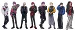  6+boys alternate_costume alternate_hairstyle arm_up black_boots black_hair black_jacket black_nails black_necktie black_pants blonde_hair blue_jacket boots chain chain_necklace closed_mouth commentary dark-skinned_male dark_skin full_body fura_kanato fuwa_minato grey_boots grey_hair grey_pants hair_between_eyes half_updo hand_in_pocket hand_up hands_in_pockets highres ibrahim_(nijisanji) jacket jewelry lauren_iroas long_hair looking_at_viewer male_focus medium_hair multicolored_hair multicolored_jacket multiple_boys necklace necktie nijisanji nisi_ki_no open_clothes open_jacket own_hands_together pants pink_hair ponytail punk purple_hair red_boots red_hair seraph_dazzlegarden shikinagi_akira shirt short_hair side_ponytail simple_background smile streaked_hair voltaction watarai_hibari white_background white_shirt 