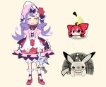  absurdres acerola_(pokemon) blue_eyes bourbunbun commentary dress drill_hair english_commentary flower food fruit highres kasane_teto lolita_fashion mimikyu pear pikachu pink_dress pokemon purple_hair red_dress red_eyes red_flower red_hair red_rose red_shoes rose shoes socks twin_drills twintails utau white_socks 