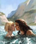  2boys aizen_sousuke annas_anya bare_shoulders bleach blonde_hair brown_hair collarbone commentary dark-skinned_male dark_skin english_commentary forehead highres hirako_shinji lips long_hair mountain multiple_boys neck nose noses_touching open_mouth outdoors parted_lips short_hair swimming water wet yaoi 