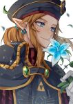  1boy blonde_hair blue_eyes commentary_request earrings flor flower gloves hair_ornament hanaberin highres holding holding_flower jewelry link military_uniform pointy_ears ponytail royal_guard_set_(zelda) sidelocks silent_princess smelling smelling_flower smile solo the_legend_of_zelda the_legend_of_zelda:_breath_of_the_wild the_legend_of_zelda:_tears_of_the_kingdom twitter_username upper_body white_background 