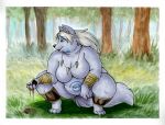 anthro arctic_wolf aurora_(bigladydragon) bigladydragon blue_eyes breasts canid canine canis dirt fang_necklace featureless_breasts female grass mammal plant slightly_chubby solo tree wolf