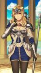  1girl armor blonde_hair breasts brown_eyes cloud fire_emblem fire_emblem_echoes:_shadows_of_valentia highres holding holding_weapon jewelry lance large_breasts long_hair looking_at_viewer mathilda_(fire_emblem) mountainous_horizon necklace pillar polearm rimviolet sky upper_body weapon 