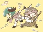  >_< >_o 2girls animal_ears bird_ears black_shoes brown_dress brown_hat chibi choujuu_gigaku closed_eyes commentary dog_ears dress full_body green_hair guitar hat highres holding holding_guitar holding_instrument instrument kasodani_kyouko long_sleeves mob_cap multiple_girls music musical_note mystia_lorelei one_eye_closed open_mouth pink_hair playing_guitar playing_instrument shoes short_hair simple_background singing socks touhou wafu_(wafu39080) white_socks winged_hat yellow_background 
