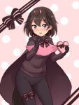  1girl :p adapted_costume bangs black_gloves black_hair black_pants black_sweater blush bow bowtie box brown_eyes cape commentary gloves greater_lophorina_(kemono_friends) hair_between_eyes heart heart-shaped_box heart-shaped_pupils highres kemono_friends long_sleeves looking_at_viewer pants ribbed_sweater ribbon shiraha_maru short_hair simple_background smile solo sweater symbol-shaped_pupils thigh_ribbon tongue tongue_out turtleneck twitter_username 