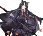  1girl animal_ears arknights bangs beads black_hair black_kimono blush breasts closed_mouth commentary cowboy_shot dog_ears elbow_gloves eyebrows_visible_through_hair facial_mark fingerless_gloves floating_hair forehead_mark gloves highres holding holding_weapon infection_monitor_(arknights) japanese_clothes kimono leaf long_hair looking_at_viewer medium_breasts pants parted_bangs polearm prayer_beads purple_eyes purple_gloves purple_pants saga_(arknights) simple_background smile solo straight_hair weapon white_background yurooe 