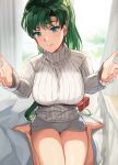 1girl asymmetrical_bangs bangs blush box breasts earrings fire_emblem fire_emblem:_the_blazing_blade gift gift_box green_eyes green_hair high_ponytail highres jewelry large_breasts long_hair long_sleeves looking_at_viewer lyn_(fire_emblem) ormille outstretched_arms ponytail raised_eyebrow ribbed_sweater sitting smile sweater thighs turtleneck turtleneck_sweater wariza white_sweater 