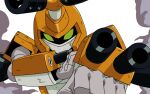  1boy aiming aiming_at_viewer arm_cannon armor commentary_request green_eyes helmet horns humanoid_robot jazz_jack male_focus medarot metabee robot solo upper_body weapon yellow_armor yellow_helmet 