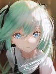  1girl aqua_hair black_ribbon blue_eyes blurry blurry_background commentary depth_of_field expressionless hair_ribbon hatsune_miku highres indoors long_hair looking_at_viewer ojay_tkym parted_lips portrait ribbon shirt sidelighting solo twintails vocaloid white_shirt 