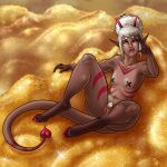  1:1 colored_nails dark_sclera demon fangs female feralcatalyst genitals gold_(metal hair hi_res horn humanoid markings monodog(artist) nails navel noxia pasties pawpads pink_eyes pinup pose pubes pussy solo spade_tail white_hair white_pubes 