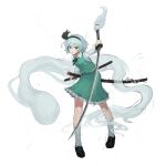  1girl absurdres black_bow black_hairband black_shoes bow bow_hairband commentary ddbbm1 frilled_skirt frills full_body green_background green_skirt green_vest hairband highres hitodama hitodama_print holding holding_sword holding_weapon katana konpaku_youmu konpaku_youmu_(ghost) loafers looking_at_viewer print_vest sheath shirt shoes short_hair skirt socks solo sword touhou vest weapon white_background white_hair white_shirt white_socks 
