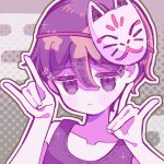  1boy \n/ black_eyes black_hair black_tank_top blush closed_mouth collarbone colored_skin commentary double-parted_bangs fox_mask hair_between_eyes looking_at_viewer male_focus mask mask_on_head omori omori_(omori) short_hair solo symbol-only_commentary tank_top upper_body white_skin yo_(wetpotatosunsun) 