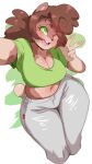  anthro big_breasts breasts brown_hair cleavage clothed clothing cricetid female gesture green_eyes hair hamster hi_res lightsource mammal noms_(nimzy) rodent solo v_sign wide_hips 