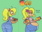  2020 activision anthro bandicoot belly big_belly big_butt blonde_hair breasts butt clothing coco_bandicoot crash_bandicoot_(series) female food fruit green_background green_eyes hair hi_res mammal marsupial overweight overweight_anthro overweight_female plant shirt simple_background solo stuffing topwear vendant video_games wide_hips wumpa_fruit 