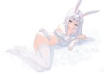  1girl animal_ears ass azur_lane bare_shoulders blush breasts clothes_pull commentary_request cropped_shirt eyeshadow flower full_body hair_flower hair_ornament hands_up highres legs legs_folded long_hair lying makeup navel official_alternate_costume on_side panties ping_zhong_yu rabbit_ears rabbit_girl rabbit_tail red_eyeshadow shimakaze_(azur_lane) shimakaze_(the_unmoving_rabbit)_(azur_lane) shirt shirt_pull small_breasts smile solo stomach tail thighhighs thighs underwear very_long_hair white_flower white_hair white_panties white_shirt yellow_eyes 