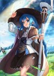  1girl absurdres blue_eyes blue_hair braid brown_cape brown_headwear brown_ribbon brown_skirt cape closed_mouth cloud cloudy_sky commentary_request eyebrows_visible_through_hair grass hair_between_eyes hair_ribbon hat highres holding holding_staff kandyy_pop long_hair mushoku_tensei outdoors rain ribbon roxy_migurdia skirt sky smile solo staff twin_braids witch_hat 