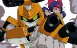  1boy 1girl aiming aiming_at_viewer arm_cannon armor brass_(medarot) commentary_request green_eyes helmet horns humanoid_robot jazz_jack male_focus medarot metabee robot solo_focus upper_body weapon yellow_armor yellow_helmet 