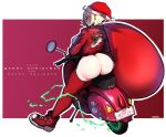  1girl 2020 ahoge ass babo blonde_hair border bottomless breasts chris_(babo) christmas ear_piercing ear_tag from_behind full_body ground_vehicle happy_holidays hat highres holding holding_sack jacket large_breasts merry_christmas motor_vehicle original outside_border pale_skin piercing red_background red_footwear red_jacket red_legwear riding sack santa_hat scooter shoes short_hair short_stack sneakers solo sukajan thick_thighs thighhighs thighs vespa white_border yellow_eyes 