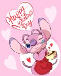  &lt;3 2021 4:5 alien angel_(lilo_and_stitch) antennae_(anatomy) apron batter blue_eyes blue_tongue bowl cel_shading claws clothing digital_drawing_(artwork) digital_media_(artwork) disney english_text experiment_(lilo_and_stitch) eyelashes female harara hi_res holiday_message holidays lilo_and_stitch long_antennae looking_at_viewer one_eye_closed pink_background pink_body purple_claws purple_nose shaded signature simple_background solo spatula text tongue tongue_out tools valentine&#039;s_day wink 
