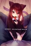  1boy 1girl animal_ears cat_ears cat_tail ech eyebrows_visible_through_hair eyes_visible_through_hair fang hair_between_eyes happy_valentine kneeling long_hair looking_at_viewer original red_eyes red_hair sitting skin_fang slit_pupils tail valentine 