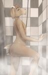  acequorthon anthro blue_eyes bovid brown_body brown_fur brown_hair caprine chamomilearts fur goat hair hand_on_wall hi_res horn looking_at_viewer male mammal nude shower showering solo tile_wall wet wet_body wet_fur 