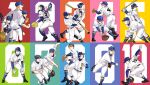  6+boys absurdres ace_of_diamond aqua_background arm_up asou_takeru ass bald ball baseball baseball_(object) baseball_bat baseball_cap baseball_helmet baseball_mitt baseball_uniform belt black_belt black_hair black_shoes blonde_hair blue_background blue_socks brothers brown_hair catcher's_mask catcher_(baseball) chest_protector chinese_commentary closed_mouth commentary_request compression_shirt facial_hair feet_out_of_frame flying_sweatdrops foot_out_of_frame from_behind full_body furuya_satoru gloves goatee_stubble goggles green_background grin hair_between_eyes hat heise_wanbaolu helmet highres holding holding_ball holding_baseball_bat isashiki_jun kawakami_norifumi kominato_haruichi kominato_ryousuke kuramochi_youichi layered_sleeves long_sleeves looking_ahead looking_at_viewer looking_up maezono_kenta male_focus mask miyuki_kazuya multiple_boys multiple_views narumiya_mei number_background number_print open_mouth orange_background pants pink_background pink_hair pitching purple_background red_background running sakai_ichirou sawamura_eijun shin_guards shirasu_kenjirou shirt shirt_tucked_in shirt_under_shirt shoes short_hair short_over_long_sleeves short_sleeves siblings sideburns simple_background smile socks socks_over_pants sportswear standing standing_on_one_leg stubble sweat swinging_baseball_bat tanba_kouichirou teeth toujou_hideaki unworn_mask white_gloves white_pants white_shirt yellow_background 